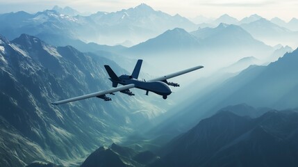 Naklejka premium A military drone navigating through rugged mountainous terrain under clear skies, highlighting its advanced capabilities for challenging environments.