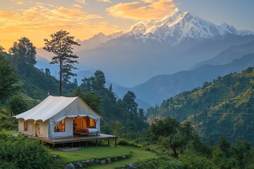 Obraz premium Serene mountain lodge nestled in a lush Himalayan valley.