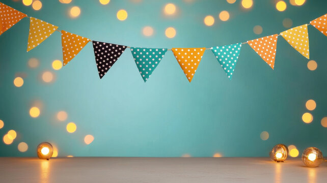 Happy birthday bunting themed, Colorful polka dot bunting decorates festive background with lights - Powered by Adobe