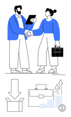 Business partners shaking hands, holding documents and briefcase. Arrow pointing into box, briefcase, arrows showing growth, stacks of coins. Ideal for business, finance, agreement partnership