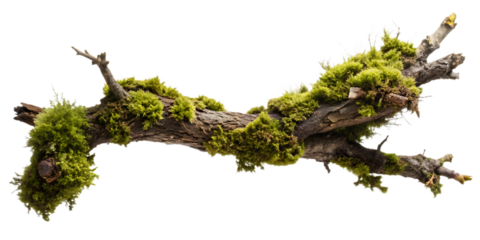 moss covered tree branch cut out isolated on white background PNG.AI GENERATED