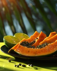 Slices of papaya and limes on a plate