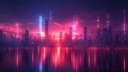 Futuristic city skyline at sunset with vibrant neon lights reflecting on water.