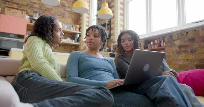 Female Student Friends Working on Laptop Technology Sitting on Sofa in Loft apartment