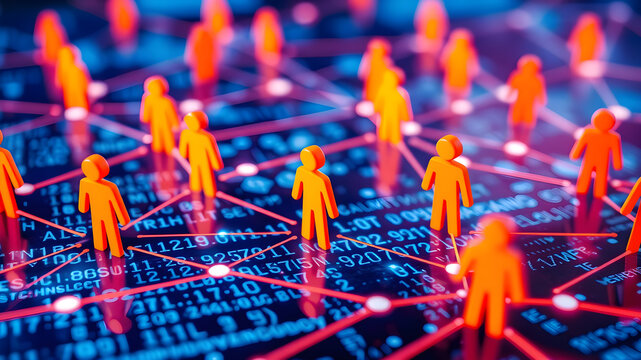 A network of interconnected orange figures representing people on a digital background with glowing lines and code-like text