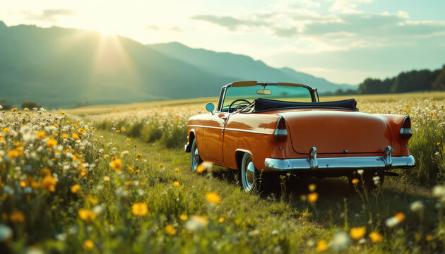 Vintage orange convertible parked in a flower field during sunset with mountains in the background