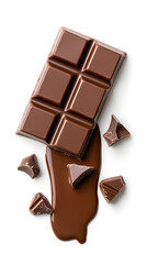 Pieces of melted chocolate bar with dripping drops isolated on white background