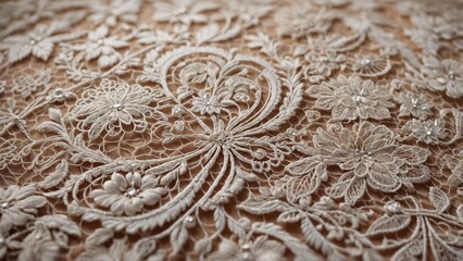 Intricate lace embroidery with floral patterns and beads on a soft background for textile design concept