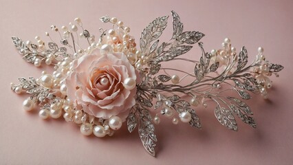 Fototapeta premium Elegant rose and pearl hair accessory arrangement on a soft pink background for bridal and fashion concepts