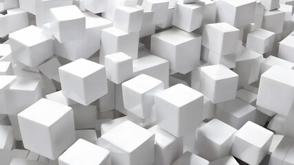 Obraz premium Chaotic cubes with copy space. White abstract geometric background. 3d rendering cubic minimal composition for corporate design template.