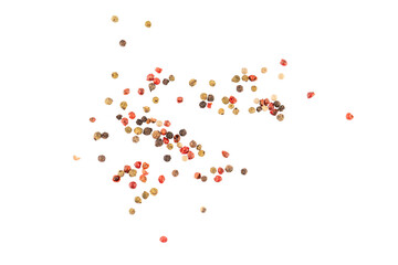 Pile of Black, Green, White, and Pink pepper seeds, aromatic peppercorn spice, dried cooking spicy ingredients, graphic element isolated on a transparent background