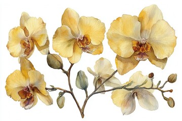 Naklejka premium A watercolor illustration of delicate yellow orchids with buds.