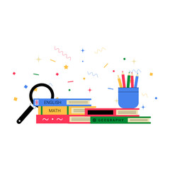 Stack Of Books With Magnifying Glass And Stationery In Flat Vector Illustration Symbolizing Knowledge, Research, And Academic Learning, Isolated On White Background.