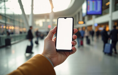 Close up of a person’s hand holding a smartphone in a modern train station