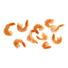 Falling Shrimp Isolated on Transparent Background, Flying Seafood, Raw Shrimp in Motion, Perfect for Cooking, Recipe, Seafood Menu, and Restaurant Design Concepts, Generative AI
