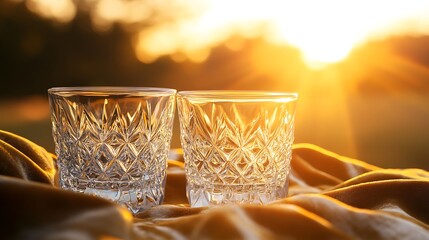 Obraz premium A set of fine crystal glasses resting on a velvet cloth with a golden sunrise in the distance