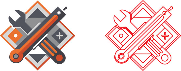 retro style icons, smiling robot faces, red and black color scheme, gear-shaped heads, simple geometric shapes, minimalist design, industrial aesthetic, cartoon characters, robotic avatars, contrastin