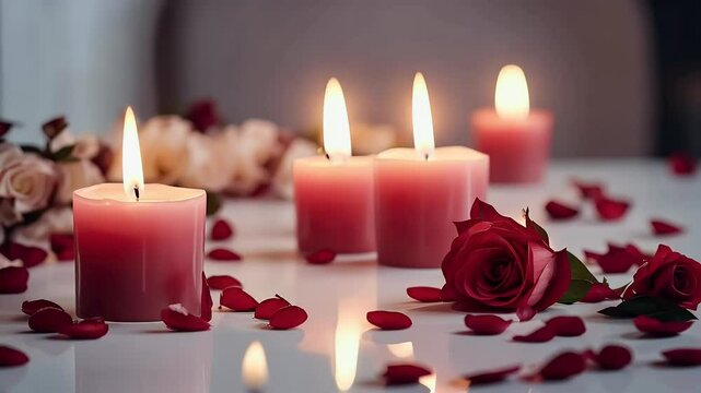 A serene display glowing candles arranged white table cozy interior evoking Valentine&rsquo;s Day sentiments warmth love