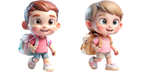 two happy students go to school back to school isolated on white background.AI GENERATED