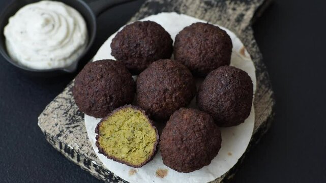 Fried chickpea falafel balls with salt, spices and herbs. Vegetarian and vegan dish
