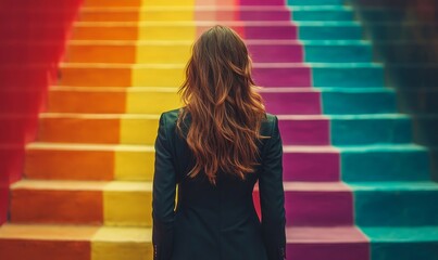 Business woman, back and walking on staircase to goals, success and corporate ladder for career growth. Rear view, determined or employee climbing rainbow path way to future achievement, Generative AI