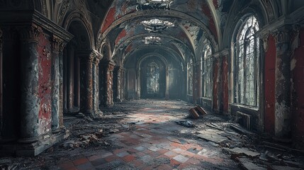 Fototapeta premium Abandoned lobby area in the palace interior slung derelict forsaken outcast