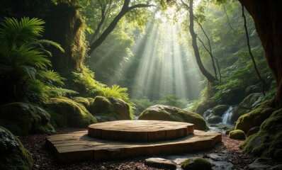 Serene forest scene with sunlight rays