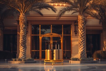 The front door of the hotel with luggage on a cart, palm trees all around, golden hour lighting.