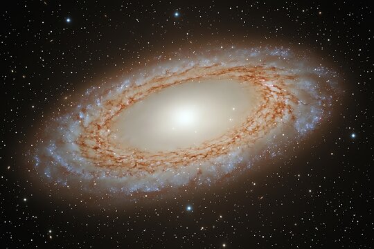 Elliptical galaxy with red giant stars, ancient stellar populations, cosmic dust lanes, gravitational lensing effects