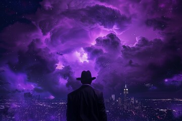 Purple sky with dark clouds, a man in a black suit and hat standing against the city skyline and looking out.
