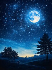 A background of a starry night sky with a bright full moon and constellations.