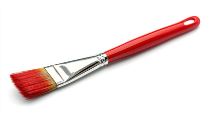 Red paintbrush with vibrant bristles, isolated on a white background, showcasing detailed textures of the brush and handle, ideal for artistic concepts and creative design themes.