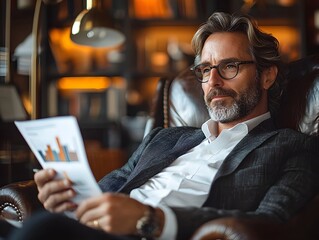 Thoughtful Business Executive Reviewing Important Reports on Digital Display in Modern Office