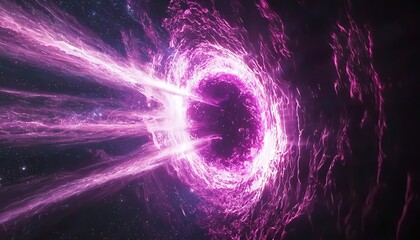 Active galactic nucleus with radiating energy jets, supermassive black hole effects, cosmic particle streams, space-time distortions