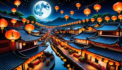 Obraz premium Illuminated Asian Town at Night Under a Full Moon
