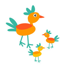 Cartoon illustration of a cute chicken and its chicks
