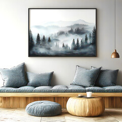 Living room interior design painting with mountains and forest in the interior.