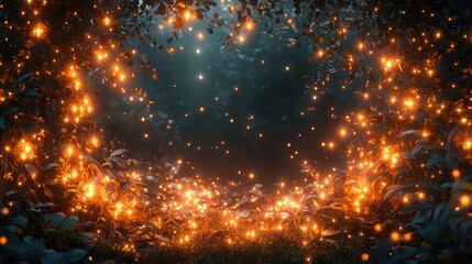 Fototapeta premium Enchanted Forest: Glowing Lights in a Mystical Night