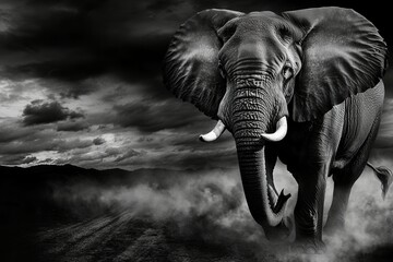 Naklejka premium A powerful scene of a bull elephant charging with its ears flared and trunk raised. 