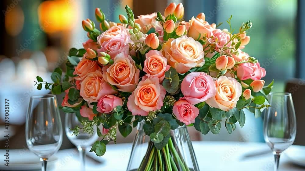 Poster a stunning bouquet of pink and peach roses is displayed elegantly on a table, creating a romantic at