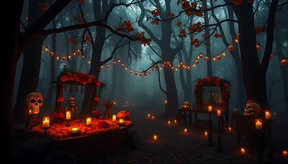 Day of the Dead Altar in a Misty Forest