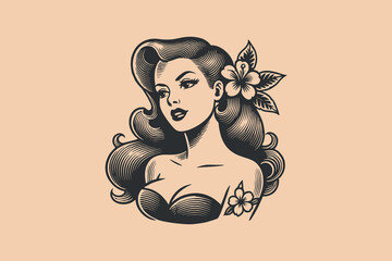 Retro pin-up style woman with flower and vintage tattoo design