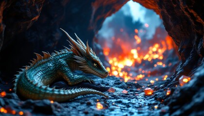 Mystical Dragon in Volcanic Cave: A Digital Painting