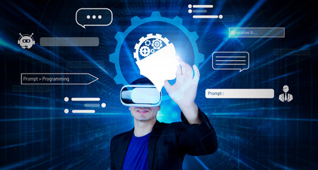 Smart businessman wearing suit and VR goggle while using AI assistance planning plan. Project manager generating data by using augmented reality glasses while pointing at glowing hologram. Ingenuity.