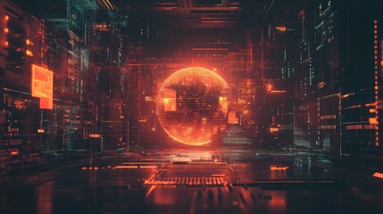 The blockchain technology futuristic hud background features a globe and a blockchain polygon peer to peer network. Global cryptocurrency fintech business banner concept.