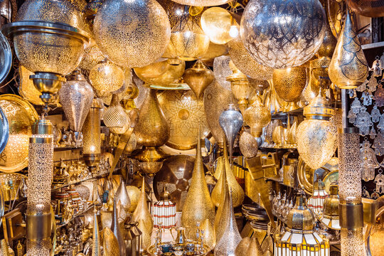 Assortment of golden lamps for sale at the bazaar, Marrakesh, Morocco