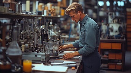 Inside US Steel laboratory 1950s, scientists testing steel samples, vintage scientific equipment