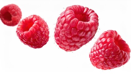 Fresh Ripe Raspberries Flying in the Air: Isolated on White Background