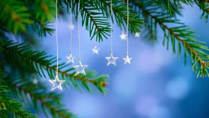 Fototapeta premium Palm tree branches against a blue sky with a natural and festive feel, christmas decorations, copy space