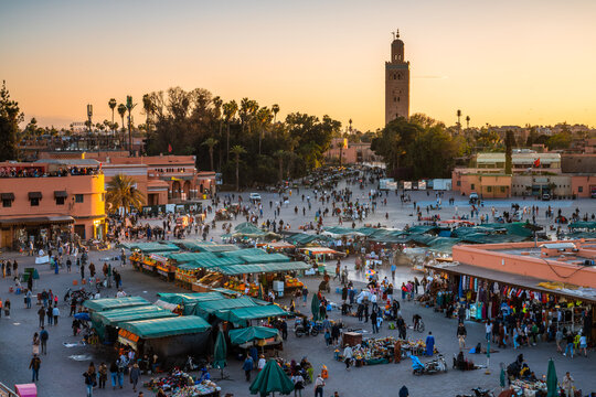 Jemaa el Fnaa square at sunset full of people, Marrakesh